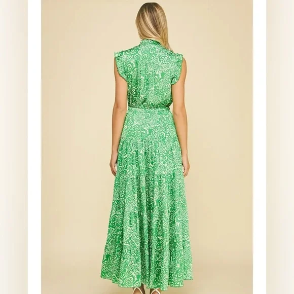 NWOT Pinch Paisley Green White Maxi Dress Flutter Sleeve Tie Waist - Picture 3 of 11